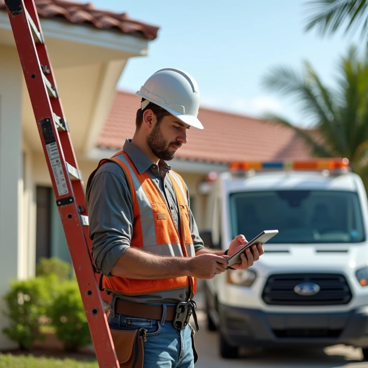 Roofer reviewing a roof inspection photo report on a tablet in Boca Raton, FL