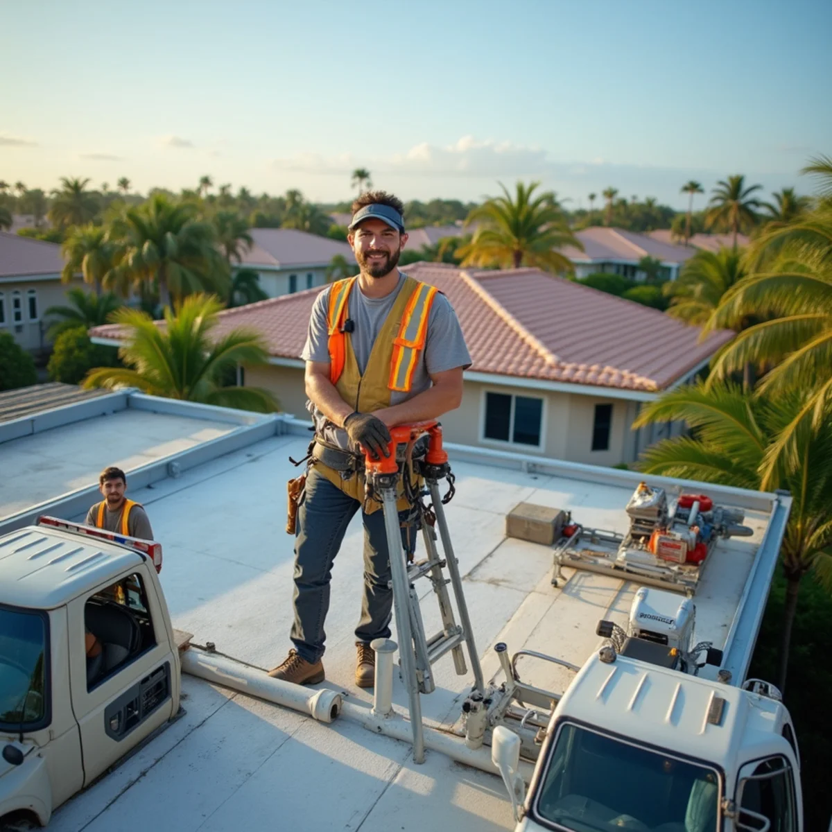 Technician inspecting a TPO commercial flat roof during a scheduled maintenance visit in Boca Raton, Florida