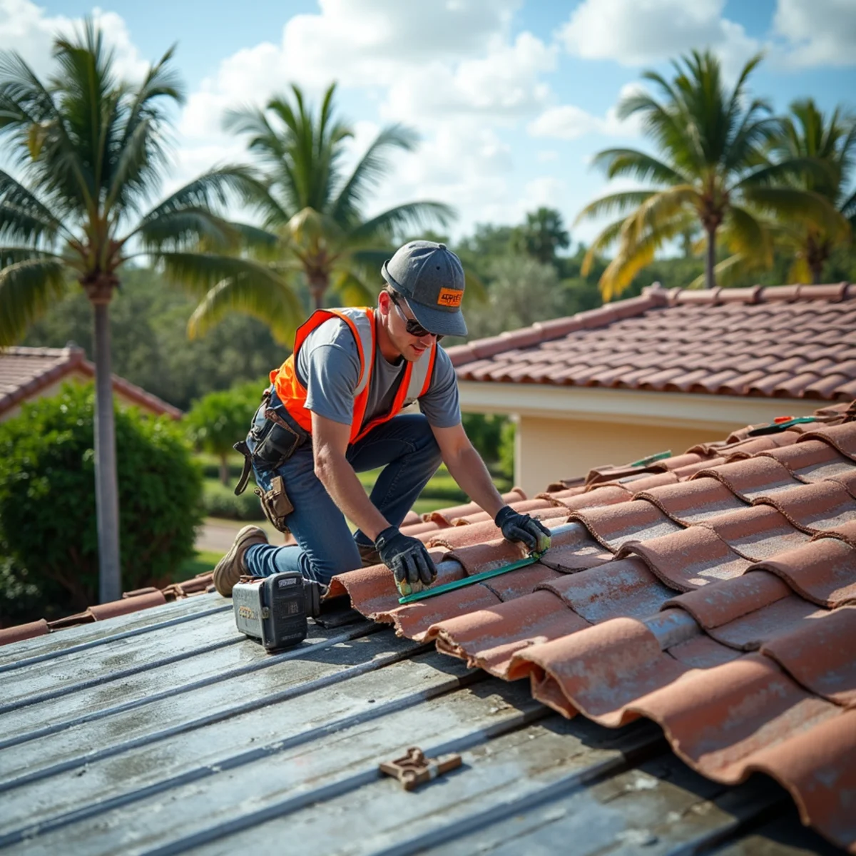 Commercial roofing crew replacing a flat roof section on a condominium building in South Florida