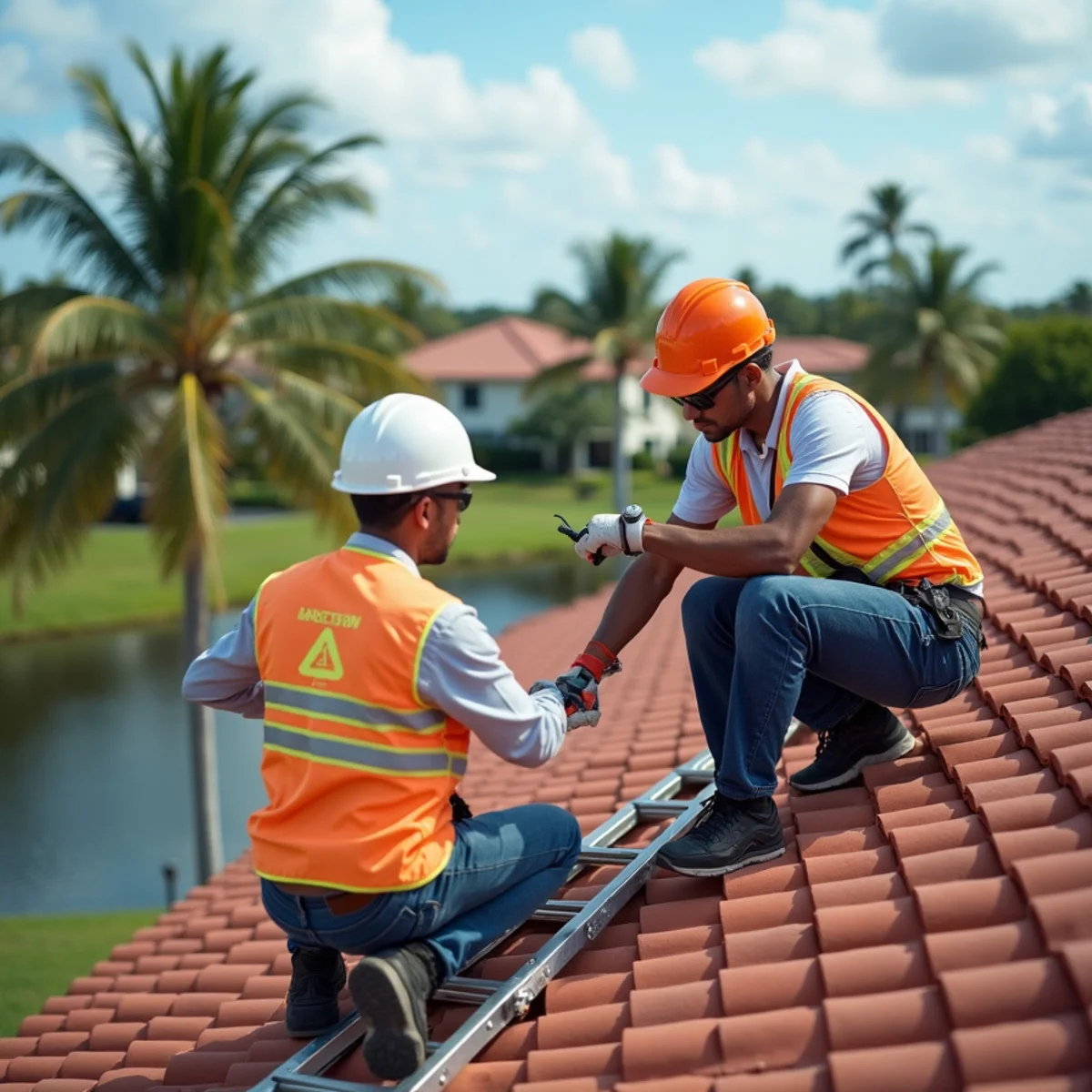 Drone hovering above a concrete tile roof during an inspection in South Florida