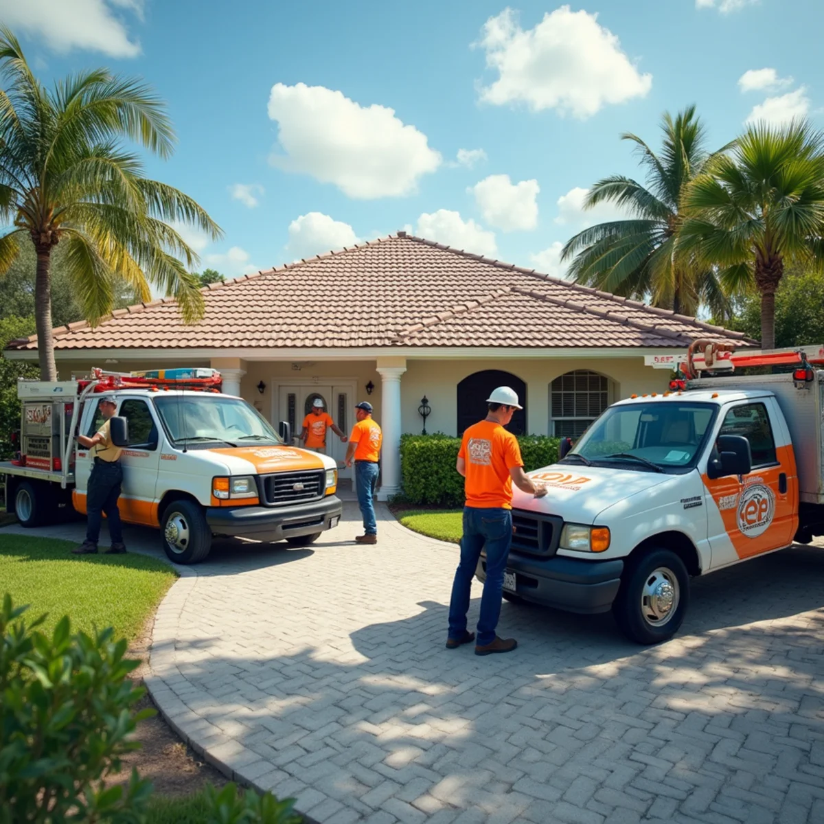 Crew installing an emergency tarp over storm-damaged roof decking in Deerfield Beach, FL