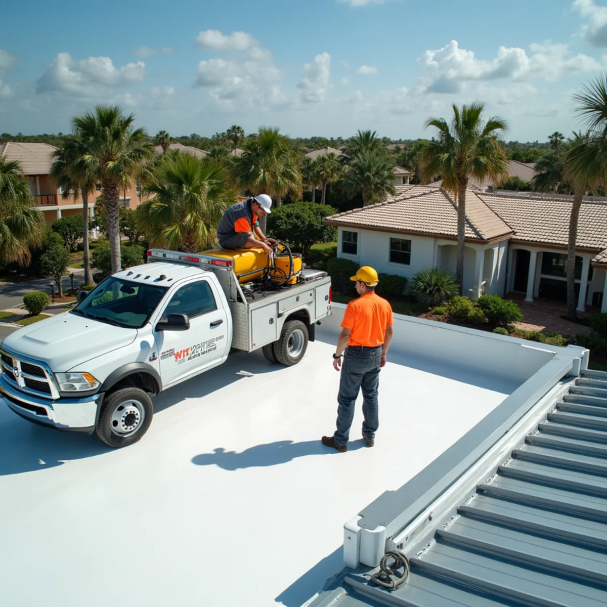 Roofing crew installing TPO membrane on a flat roof addition in South Florida