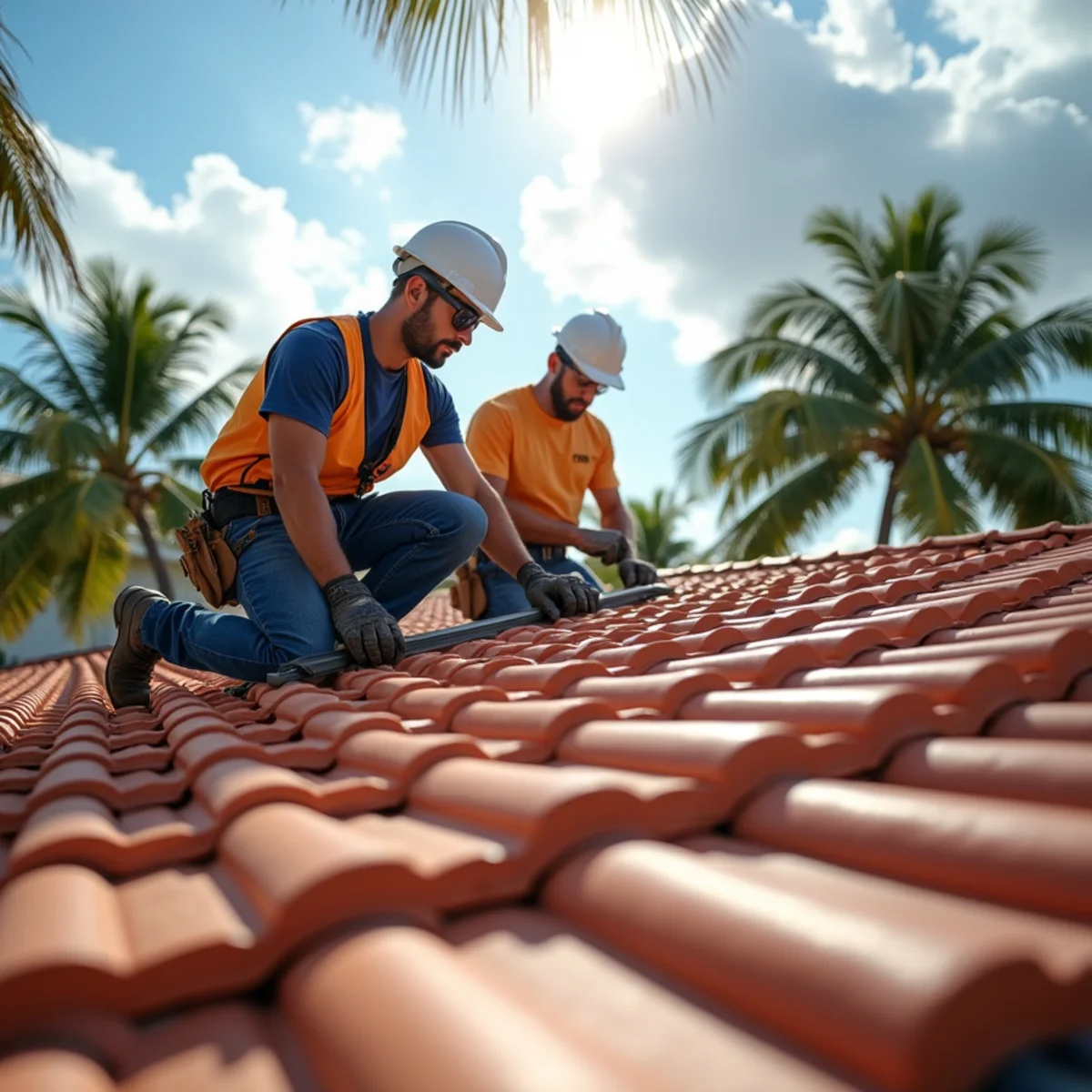 Roofing crew installing standing seam metal roofing on a canal-front home in Fort Lauderdale, FL