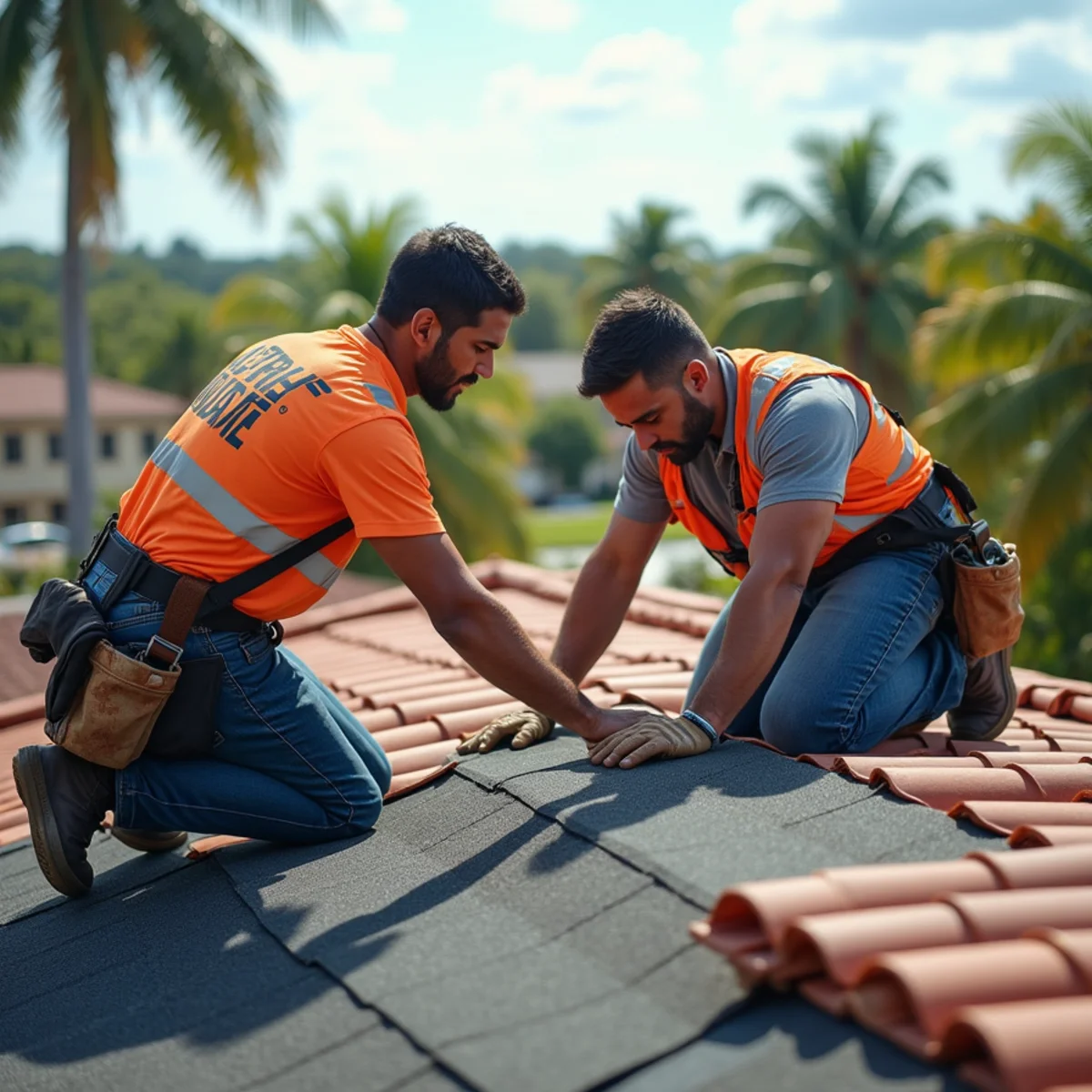 Roofer replacing barrel tile on a historic Hollywood Lakes, FL home