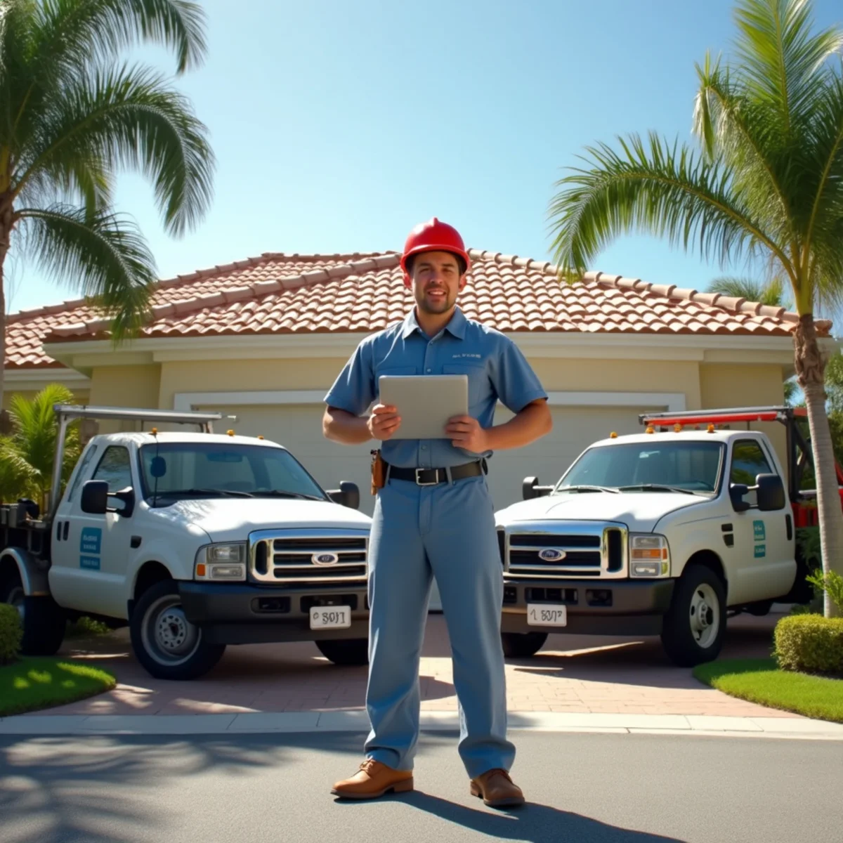 Insurance adjuster and roofing contractor reviewing storm damage documentation on a Florida home