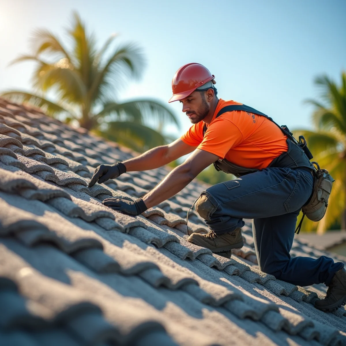 Roofer inspecting a flat roof parapet on an older condo building in Lauderdale Lakes, FL