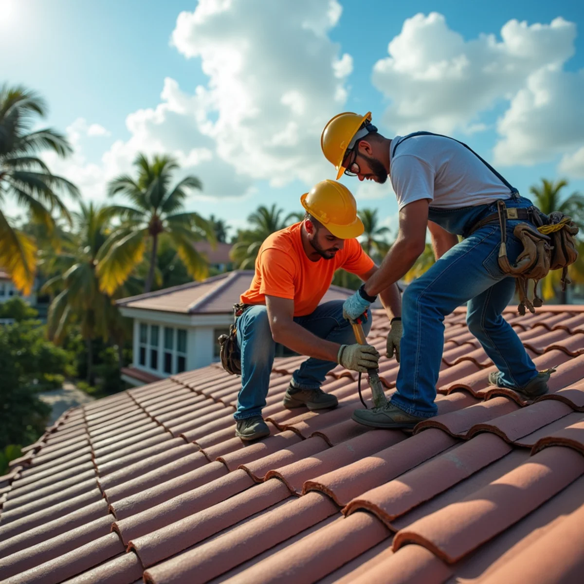 Roofer inspecting storm-damaged shingles on a 1970s home in North Lauderdale, FL