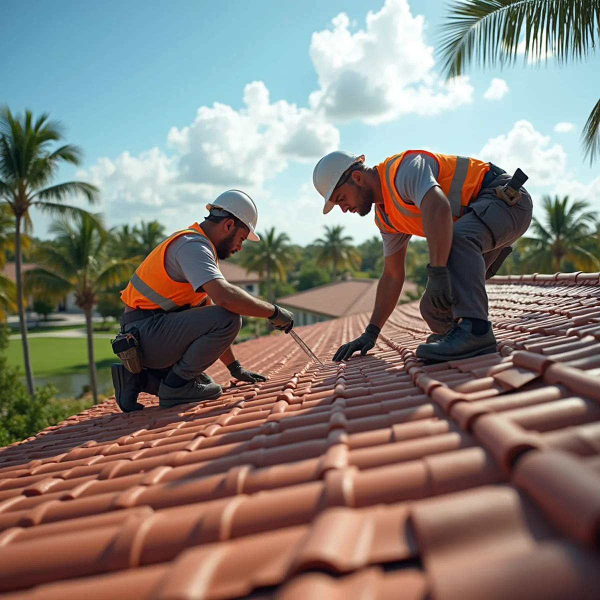 HOA-approved tile re-roof underway in a Palm Beach Gardens, FL golf community