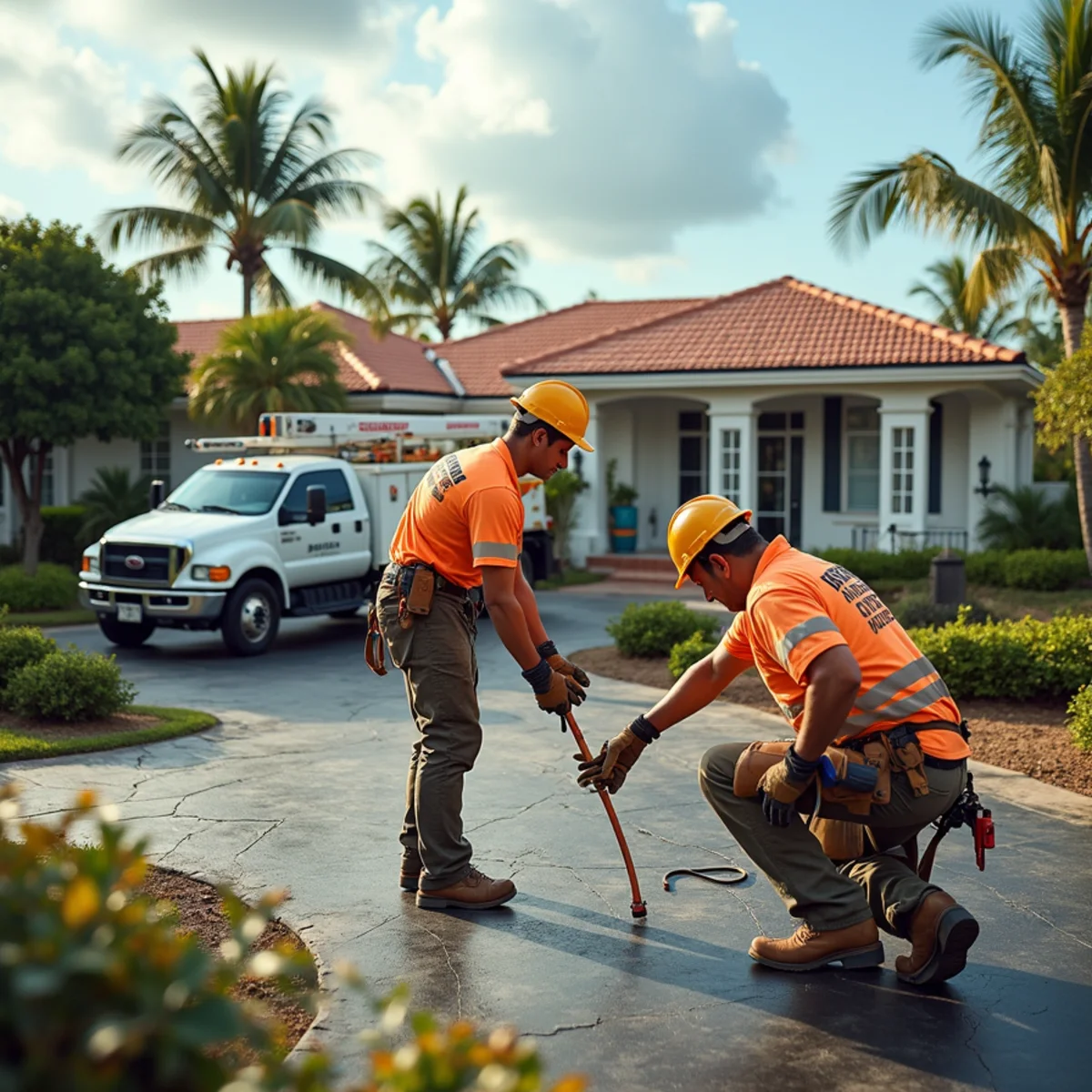 Roofer installing matching barrel tile on a historic Mediterranean Revival home in Delray Beach, Florida