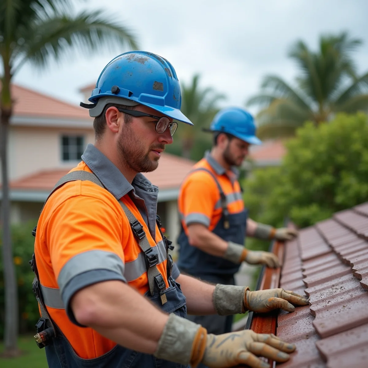 Seamless aluminum gutter being installed on a home roofline during a South Florida rainstorm
