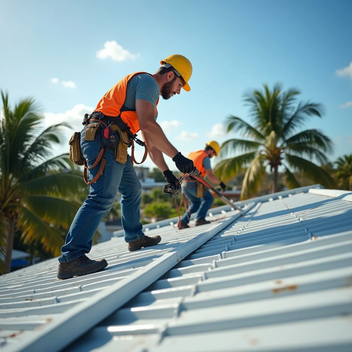 Roofing crew servicing a flat roof on an oceanfront condo tower in Sunny Isles Beach, FL