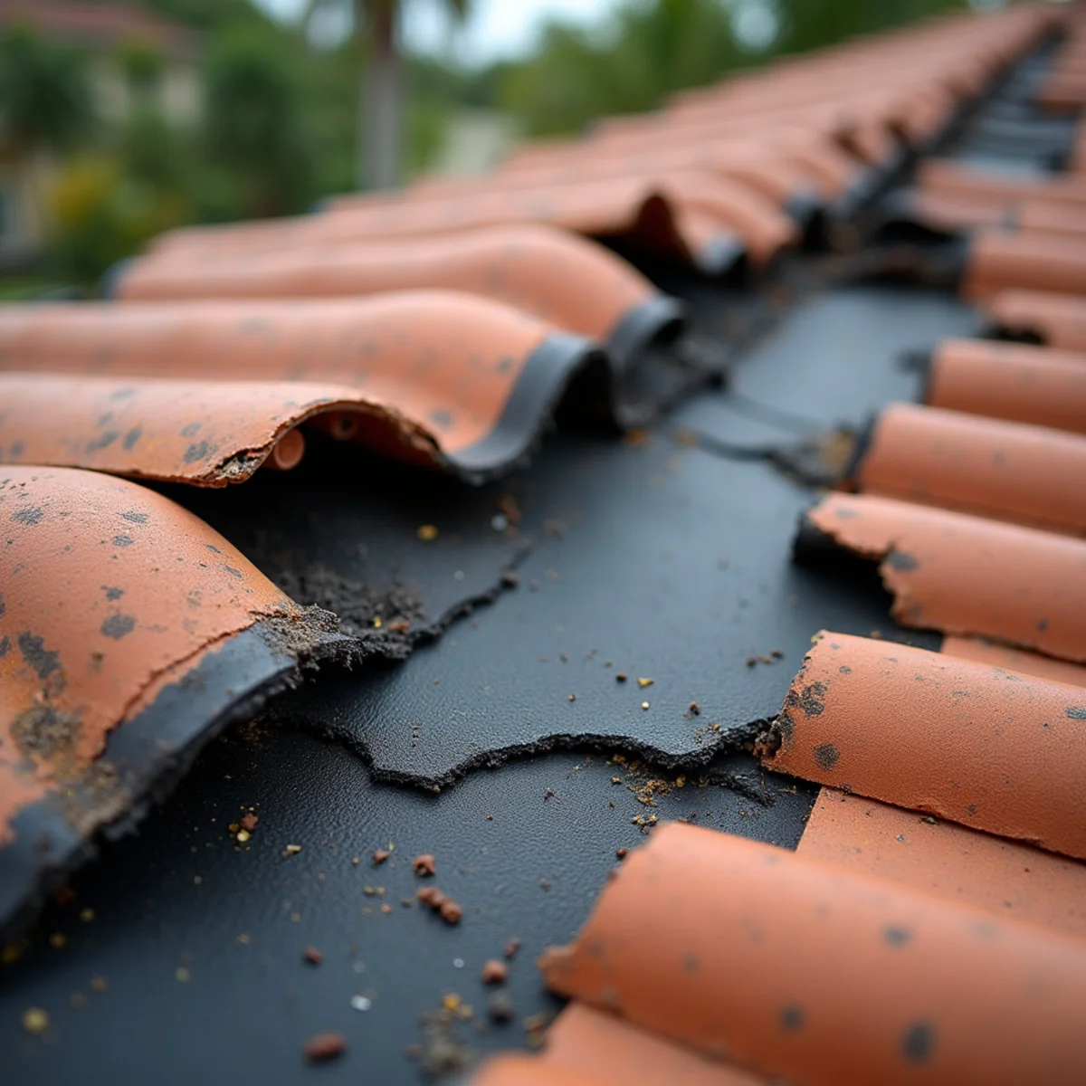 Brittle, torn felt underlayment beneath removed roof tiles on an aging South Florida tile roof