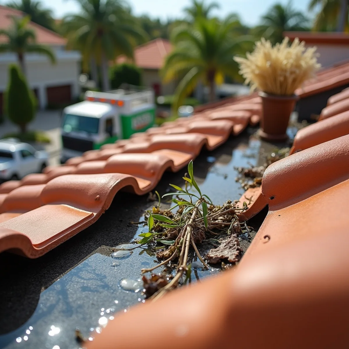 Roof valley metal flashing clogged with palm fronds and leaf debris damming water on a tile roof