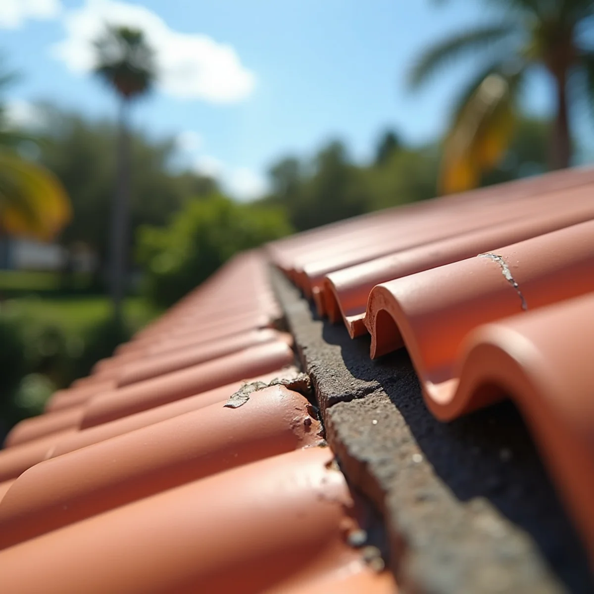 Cracked mortar and loosened ridge tiles along the peak of a concrete tile roof after high wind