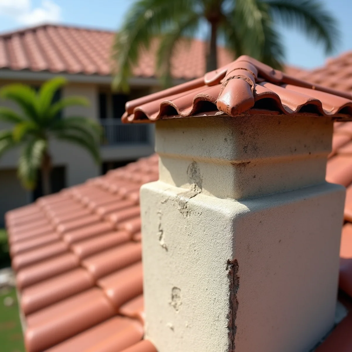 Step flashing where a tile roof meets a stucco chimney wall with failed sealant in South Florida