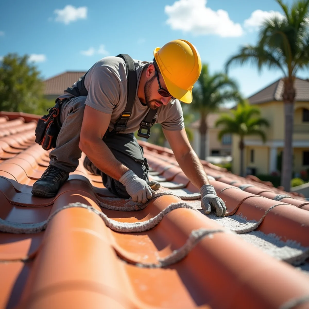 Roofing crew installing concrete barrel tile on a Boca Raton, FL home