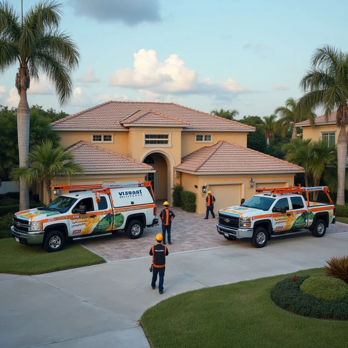 Side-by-side comparison of a concrete tile roof and a standing seam metal roof on homes near Boca Raton, FL