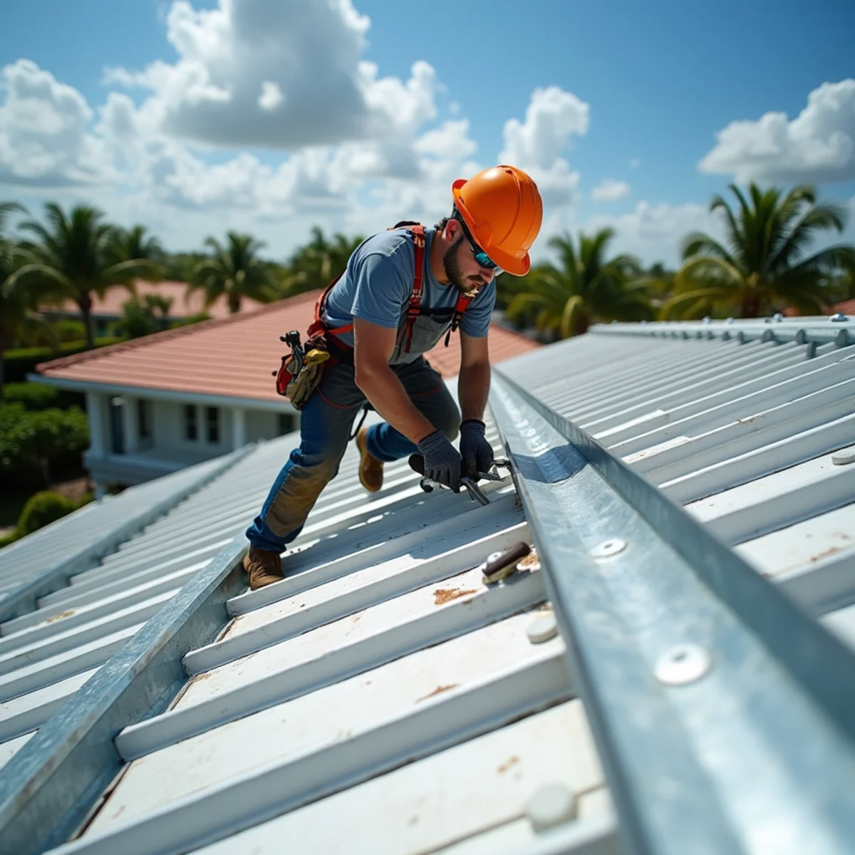 Roofer installing hurricane roof-to-wall straps during a wind mitigation upgrade in Boca Raton, FL
